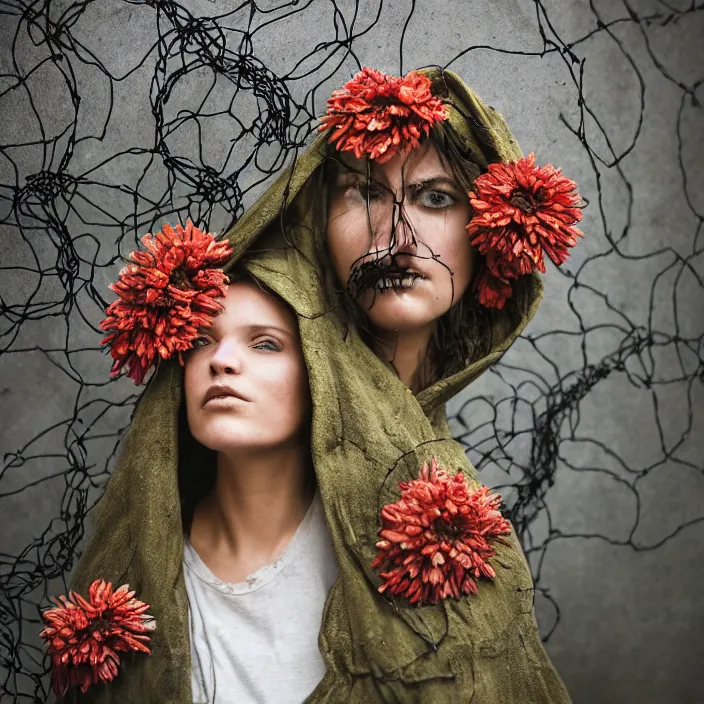 Prompt: a closeup portrait of a woman wearing a hooded cloak made of zinnias and barbed wire, in a derelict house, by Omar Z. Robles, natural light, detailed face, CANON Eos C300, ƒ1.8, 35mm, 8K, medium-format print