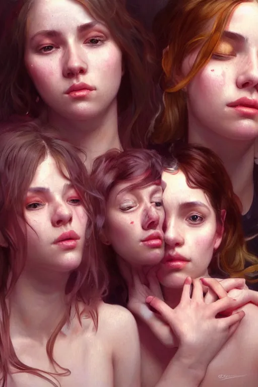 Image similar to three college girls rolling hard on ecstasy and tripping on lsd glistening with sweat on the bed amd hallucinating, realistic portrait, highly detailed, digital painting, artstation, concept art, smooth, sharp focus, illustration, cinematic lighting, art by artgerm and greg rutkowski and alphonse mucha