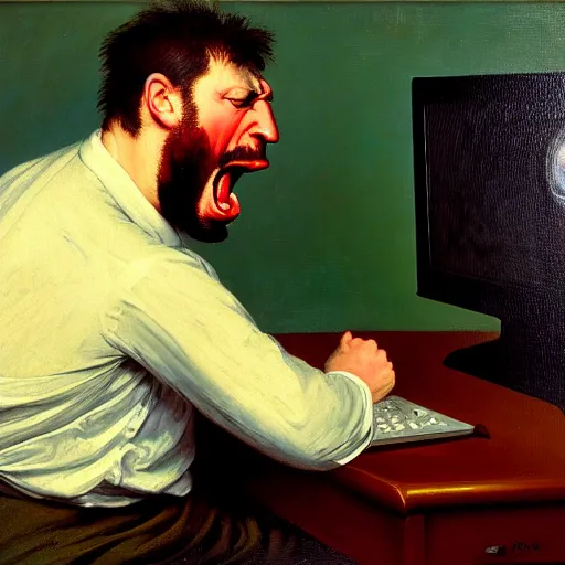 Image similar to an angry man yells at his computer monitor, oil on canvas, 1 9 0 1