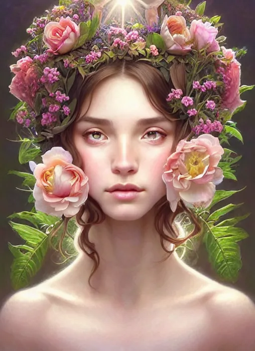 Image similar to perfectly feminine face!! full body portrait of young fairy earth goddess blessed by nature, floral sunlight crown, light brown hair, symmetrical! intricate, sensual features, dewy skin, reflective skin, highly detailed, digital painting, artstation, concept art, smooth, sharp focus, soft lighting, illustration, art by artgerm and greg rutkowski and alphonse mucha