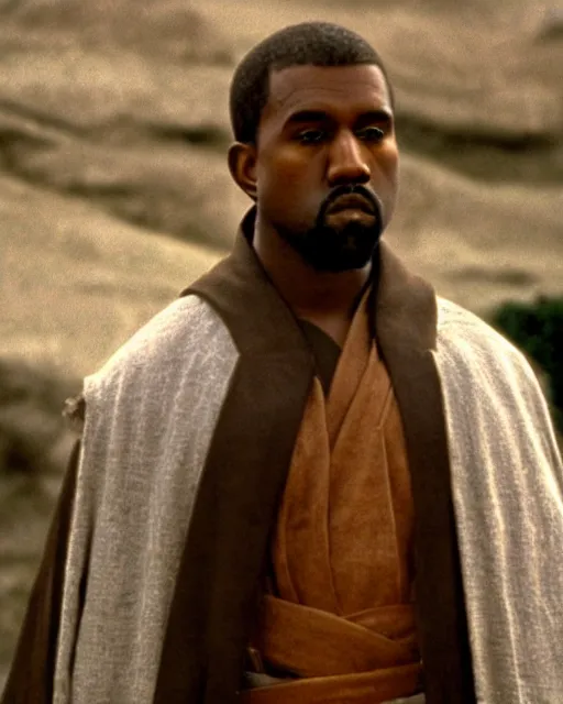 Image similar to film still close - up shot of kanye west as obi - wan kenobi from the movie return of the jedi. photographic, photography