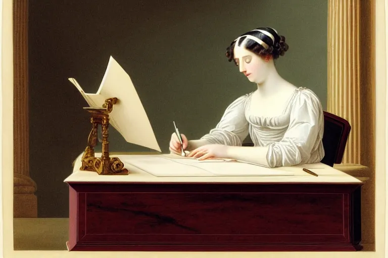 Prompt: 1 8 1 0 s lady writing at her desk in formless dress by vittorio reggianini, georgian dress, directoire style, regency, empire silhouette, bright lighting, perfectly detailed eyes, beautiful hands, pale skin, clear face