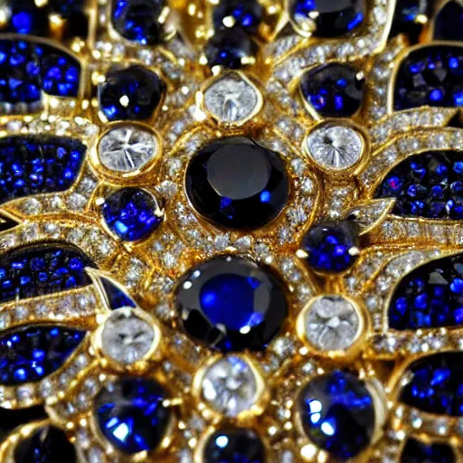 Prompt: white box commercial photography of a brooch jewel, with diamond shape, deep dark blue sapphire, gold ornaments and curves, 8 k, hires close up, high aperture, white background, pinterest, artstation