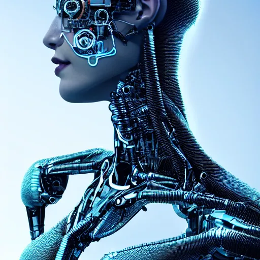 Prompt: Masterpiece full body portrait of a beautiful female cyborg with a beautiful face and flawless skin whose head, chest, and pelvis are flesh, and the rest of her body is robotic, in a surreal dream landscape, eerie fog, cinematic lighting, 8k