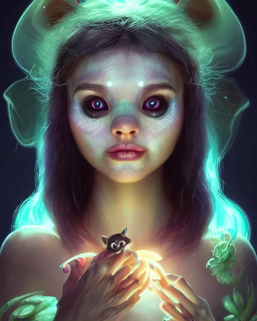 Prompt: portrait of a cute female racoon, bioluminescent, veins, horror, happy, highly detailed, digital painting, cinematic, hyperrealism, dark retrowave, art by stanley lau and artgerm and magali villeneuve and alphonse mucha, artstation, octane render, cgsociety