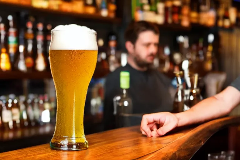 Image similar to a anthropomorphic pint of beer, who is a customer, waits to be served by a bartender