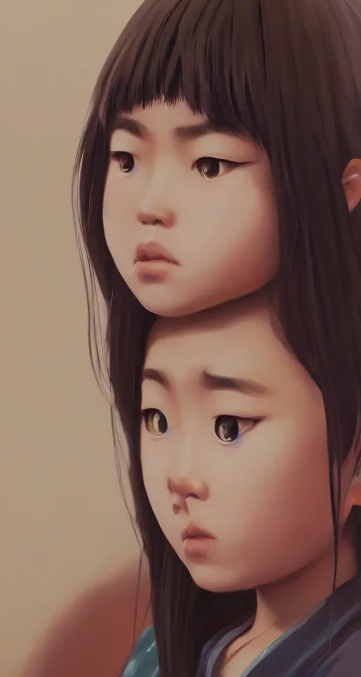 Image similar to a painting of cute Asian girl frowning, in the style of DreamWorks animation, low angle view, 16mm lens, award winning, mid-shot, hyper detailed, dramatic lighting, artstation, octane renderer, unreal engine