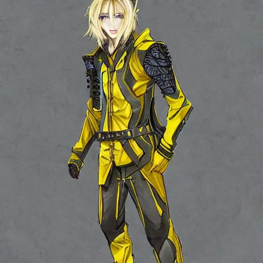 Prompt: elven male, shaggy blonde hair. Wearing modern yellow leather jacket and blue camouflage pants, glasses. Modern, concept art, Akikazu Mizuno, phantasy star online, anime