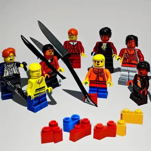 Prompt: lego figures killing eachother with knives