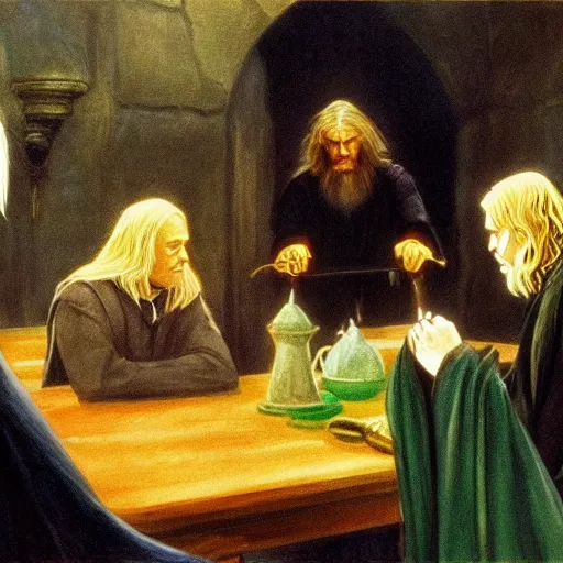 Image similar to the fellowship of the ring, gandalf, frodo, aragorn, legolas, by edward hopper