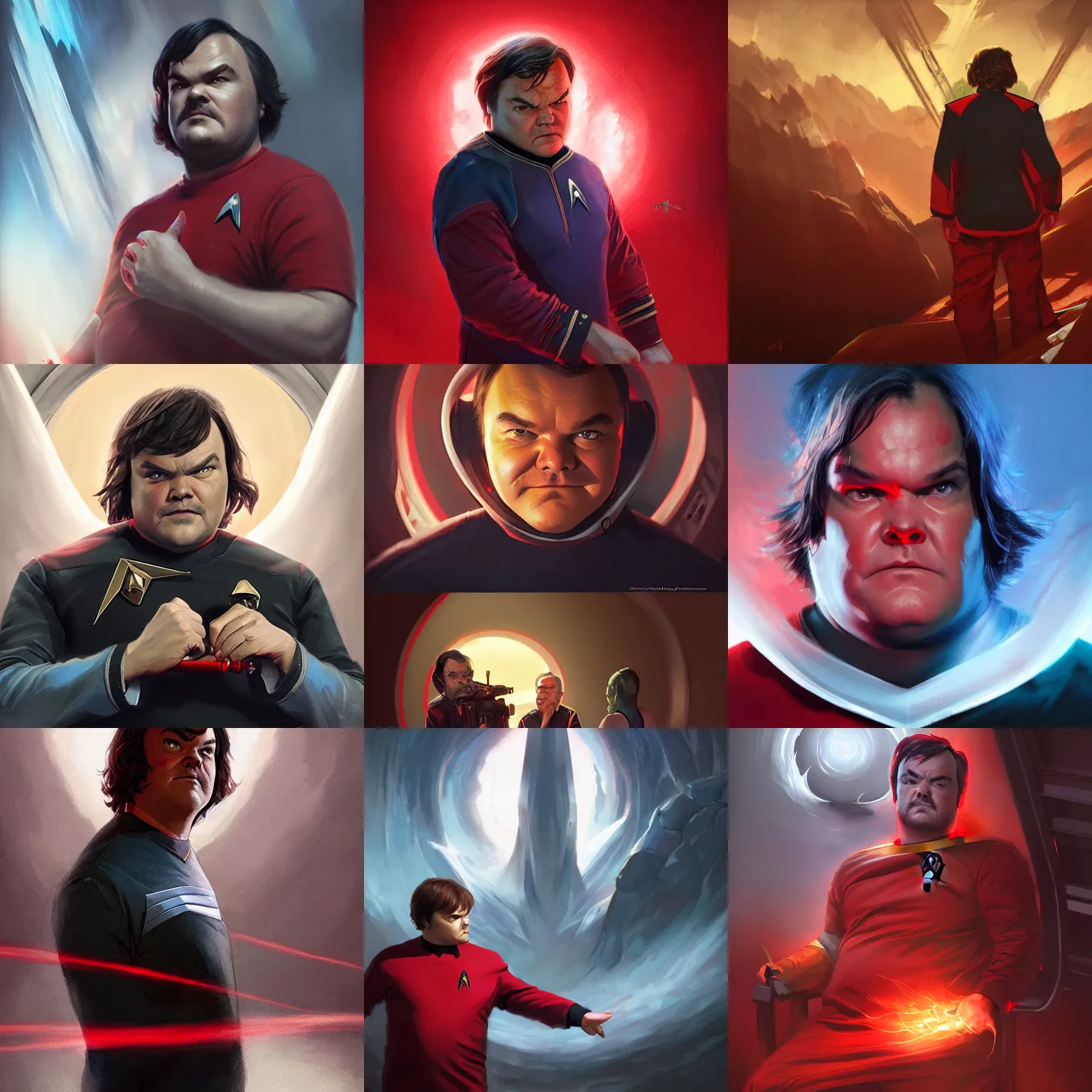 Image similar to graphic novel, jack black in star trek tos, red shirt, sci - fi, dramatic lighting, highly detailed, digital painting, 3 d render, hyper realistic detailed portrait, greg rutkowski, wlop, ruan jia, peter mohrbacher