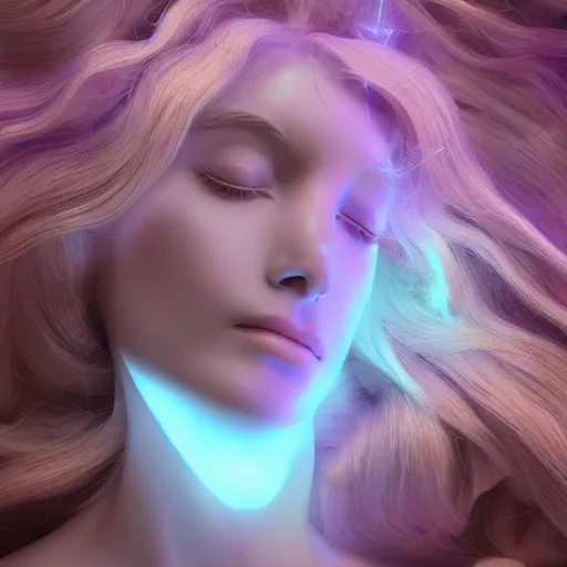 Image similar to abstract female sculpture made of white marble and amethyst crystals quartz, ethereal lights, fine details, artstation. com, film still, cinematic photoshooting, luxury, strong wind blowing, wavy hair, dark mood, sad, cold colors, golden filigree, octane render, lens flare