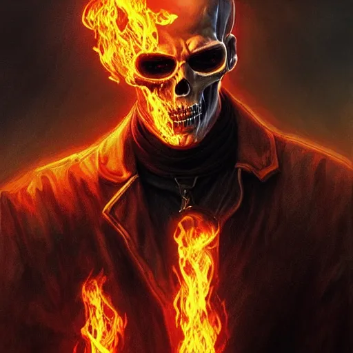 Image similar to handsome Keanu Reeves as Ghost Rider, western, closeup, D&D, fantasy, intricate, elegant, highly detailed, digital painting, artstation, concept art, matte, sharp focus, illustration, art by Artgerm and Greg Rutkowski and Alphonse Mucha