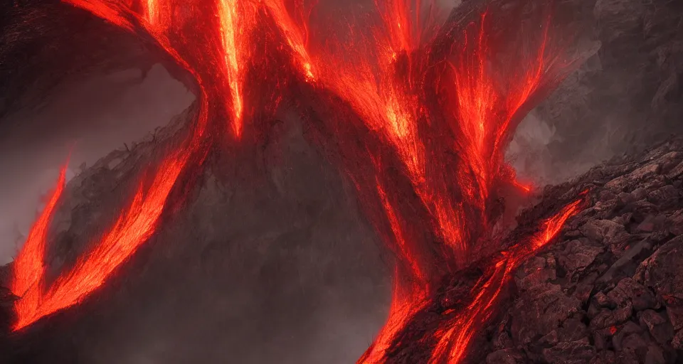 Image similar to a volcano made of ivory vines and crimson rocks enters in eruption, it spits a smoke in the shape of demonic eye, by CGSociety