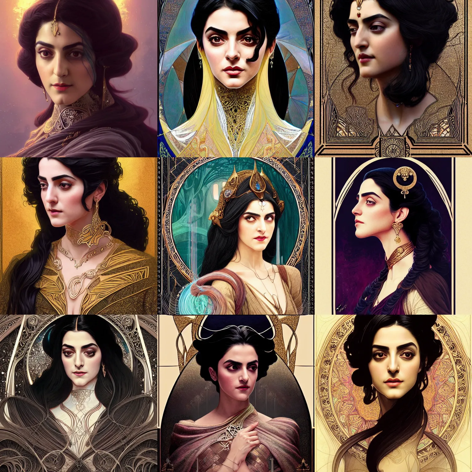 Prompt: centered portrait, Maya Ali as a sorcerer, black hair, Art Nouveau, beautiful retro Fantasy heroine 1985, intricate, elegant, highly detailed, centered, digital painting, trending on artstation, concept art, smooth, sharp focus, illustration, art by raphael lacoste, eddie mendoza, Mucha, alex ross, WLOP