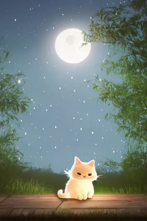 Prompt: a cute cat looks across at night, lantern light illuminates besides, photorealistic, dreamy moonlit nightscape by the garden, lake house, smooth, matte colors, trending on artstation, 4 k, 8 k