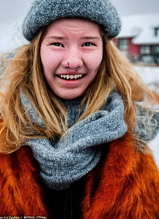 Image similar to Mid-shot portrait of a beautiful 20-year-old woman from Iceland, smile, candid street portrait in the style of Martin Schoeller award winning, Sony a7R