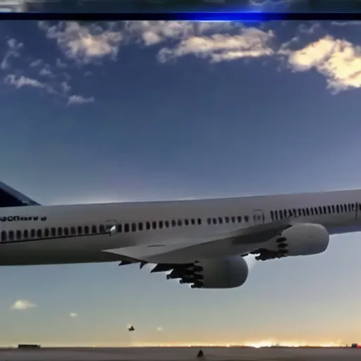 Image similar to vhs footage of a boeing 787 flying overhead