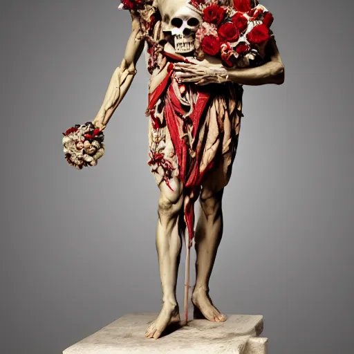 Image similar to a man in the form of a Greek sculpture with a mask in the form of a skull and wreath of flowers skulls in hands dressed in a biomechanical dress, red white and gold color scheme, baroque, by Michelangelo