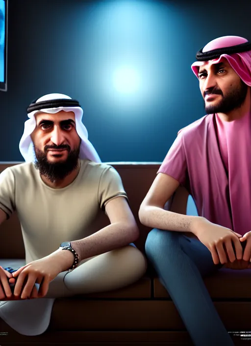 Image similar to portrait, twins playing video games, togther sheik mohammad ruler of dubai, controller, hyperdetailed illustration by irakli nadar and alexandre ferra, unreal engine 5 highly rendered, detailed and intricate environment