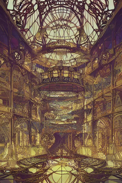 Prompt: interior of steampunk crystal palace, art nouveau, epic composition, soft lighting, ultra - wide view, by hiroshi yoshida, moebius