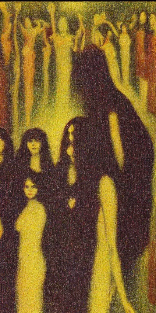 Image similar to a film still of suspiria by dario argento 1 9 7 7 movie, painted by georges seurat, impressionism, points, pointillism, high quality