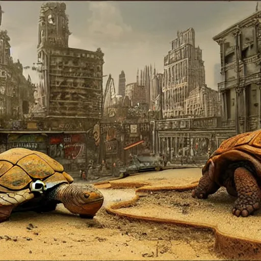 Prompt: fantasy city on a giant tortoise's back while the tortoise walks through a wasteland. The city has streets and markets, Realistic. Hyper detailed.