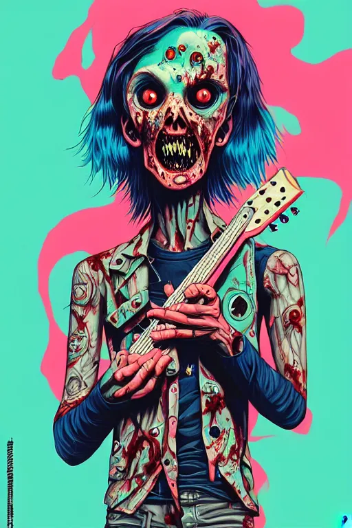 Prompt: a zombie skater punk playing electric guitar, tristan eaton, victo ngai, artgerm, rhads, ross draws