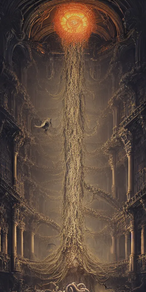 Image similar to group of people species mages with octopus heads and a lot of small translucent jellyfishes floating around inside an ancient mage castle hall colossal scale, gothic and baroque, brutalist architecture, ultradetailed, Intricate by Ellen Jewett and Josan Gonzalez and Giuseppe Arcimboldo