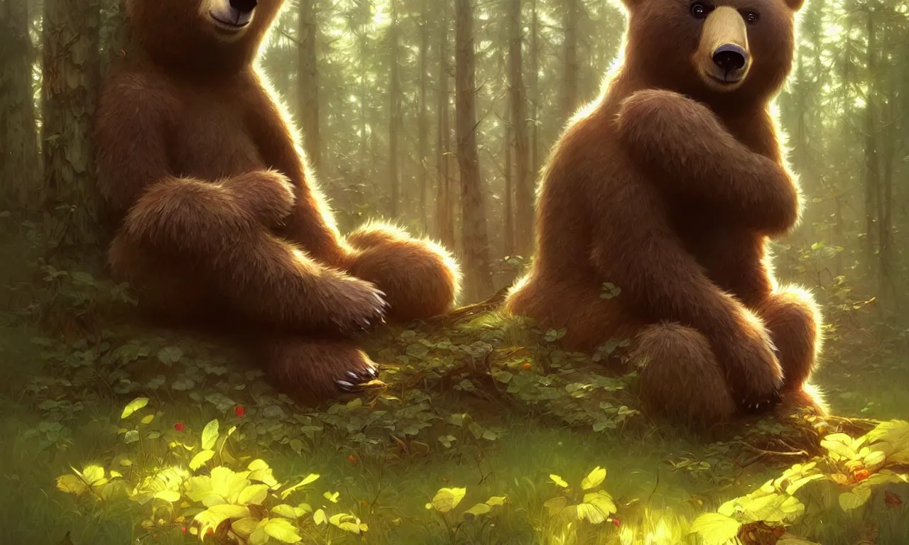 Image similar to cute cartoon bear in forest, sharp focus, illustration, highly detailed, digital painting, concept art, matte, art by wlop and artgerm and greg rutkowski and alphonse mucha, masterpiece