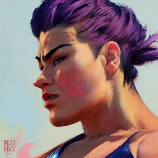 Prompt: greg manchess portrait of thick muscular weightlifter zarya from overwatch with ponytail, medium shot, asymmetrical, profile picture, organic painting, sunny day, matte painting, bold shapes, hard edges, street art, trending on artstation, by huang guangjian and gil elvgren and sachin teng