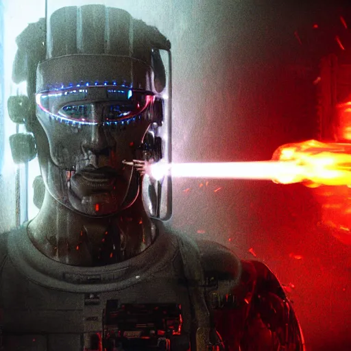 Image similar to cyberpunk rock - man as a soldier smoking a cigarette, still from the movie universal soldier, still from the movie terminator, fog, dramatic lighting, cinematic, 4 k, full body shot, backlit, rim lighting, full body photgraph, shap, football armor, cyberpunk, bladerunner, extreme detail, light rain, trending on artstation, spot light