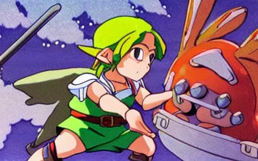 Prompt: full - color cinematic movie still from a 1 9 8 0 s studio ghibli anime featuring link with a fairy in the hyrule overworld fighting against an octorok and a moblin. legend of zelda anime.
