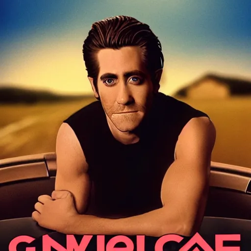 Image similar to a movie poster of Jake Gyllenhaal as patrick Swayze sitting in a hot tub in the movie Road House