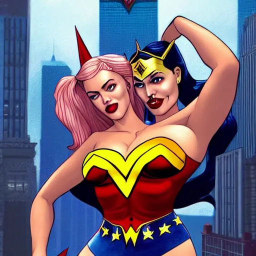 Image similar to perfectly-centered-full-shot photo of Harley Quinn kissing Wonder Woman, Pinup Girl Poster, looking out towards gotham city, big bust, intricate, elegant, super highly detailed, professional digital painting, artstation, concept art, smooth, sharp focus, no blur, no dof, extreme illustration, Unreal Engine 5, 8K, art by artgerm and greg rutkowski and alphonse mucha and loish and WLOP