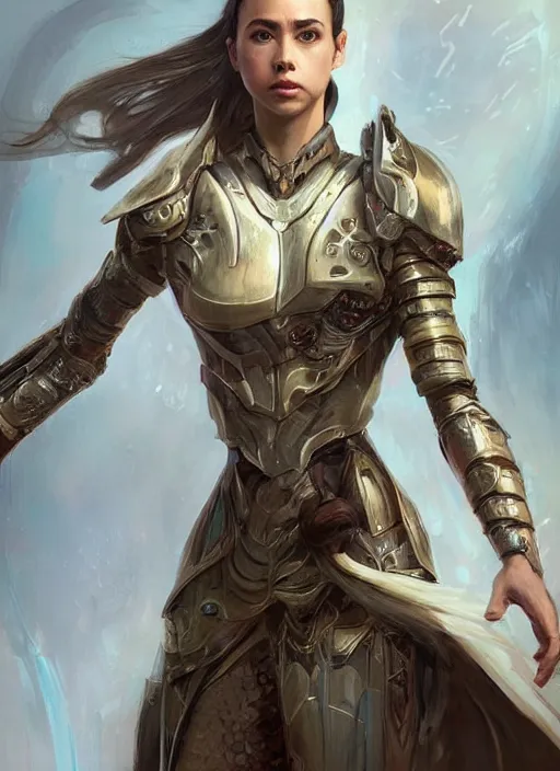 Image similar to a professional portrait of a beautiful young female, clothed in ethereal battle armor, olive skin, long dark hair, beautiful bone structure, symmetrical facial features, intricate, elegant, digital painting, concept art, smooth, sharp focus, finely detailed, illustration, from Valerian and the City of a Thousand Planets, in the style of Ruan Jia and Mandy Jurgens and Artgerm and Greg Rutkowski and William-Adolphe Bouguerea