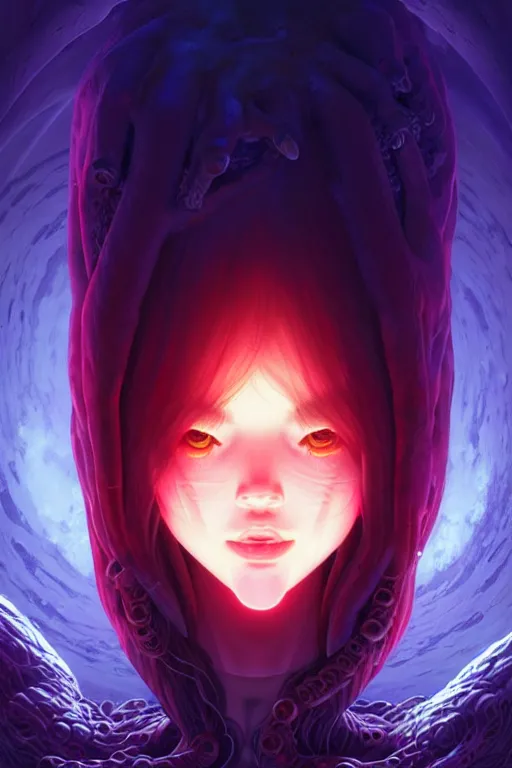 Image similar to azathoth girl save the earth, occlusion shadow, specular reflection, rim light, unreal engine, artgerm, artstation, art by hiroaki samura and ilya kuvshinov and ossdraws, intricate, highly detailed 8 k, cosmic horror illustration, extremely beautiful and aesthetic shape of face and body, movie poster