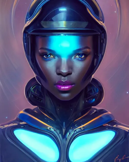 Image similar to Portrait of very very very very very very beautiful black woman, spacesuit, futuristic cybernetic helmet, blue eyes, real life skin, intricate, elegant, highly detailed, artstation, concept art, smooth, sharp focus, art by artgerm and greg rutkowski and alphonse mucha