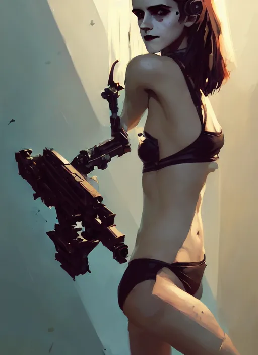 Image similar to portrait of cute goth emma watson in cyber bikini armor, warhammer, cyberpunk, by atey ghailan, by greg rutkowski, by greg tocchini, by james gilleard, by joe fenton, by kaethe butcher, by gustav klimt, dynamic lighting, gradient light blue, brown, blonde cream and white color in scheme, grunge aesthetic