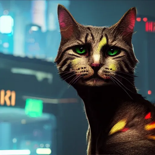 Image similar to a cat with rainbow fur in the style of cyberpunk 2077, 8k, hd