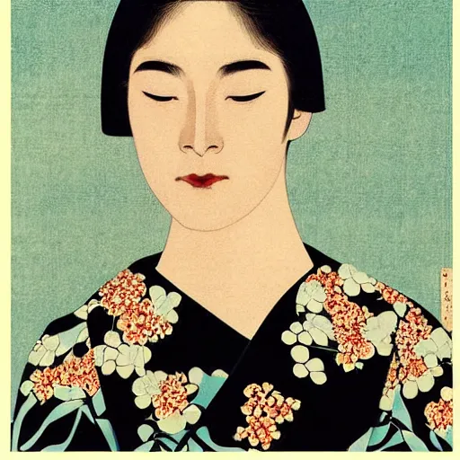 Image similar to “ rosamund pike portrait by ikenaga yasunari and ayana otake and ko rakusui, 6 0 s poster, drawing, realistic, sharp focus, japanese, dreamy, nostalgia, faded, golden hues, floral clothes ”