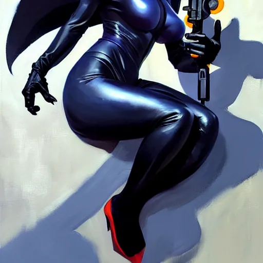 Image similar to Greg Manchess portrait painting of Catwoman as Overwatch character, medium shot, asymmetrical, profile picture, Organic Painting, sunny day, Matte Painting, bold shapes, hard edges, street art, trending on artstation, by Huang Guangjian and Gil Elvgren and Sachin Teng