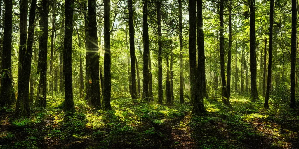 Image similar to lush forest, trees, godrays, 4k, crisp details, against light, glare condensation, dslr, canada