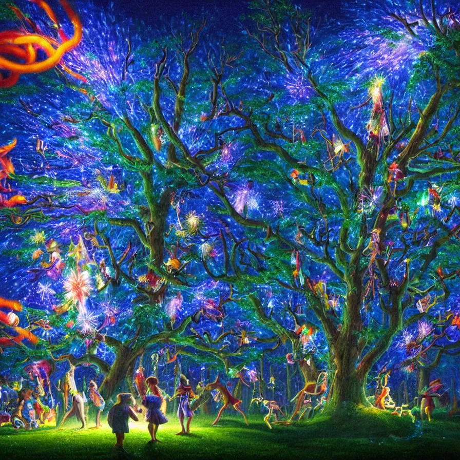 Image similar to closeup of a night carnival around a magical in a summer storm, tree cavity with a music scenario with many fireworks and christmas lights,, volumetric lightning, intense colored god rays in the sky, folklore people disguised with fantastic creatures in a magical forest by summer night, masterpiece painted by rob gonsalves, scene by dark night environment, refraction lights,