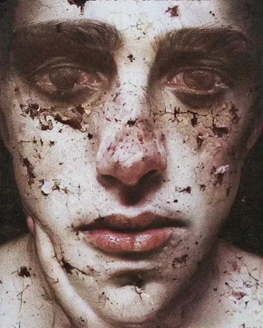 Prompt: a beautiful and eerie baroque painting of a beautiful but serious man, with haunted eyes and freckles, 1 9 7 0 s, seventies, peeling wallpaper, wilted flowers, morning light showing injuries, delicate ex embellishments, painterly, offset printing technique