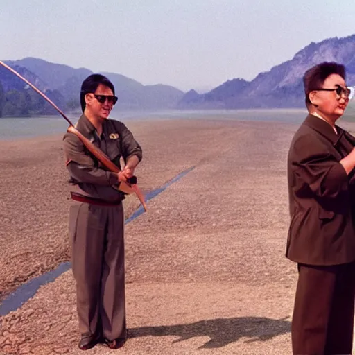Prompt: filmstill of Kim Jong-il wearing a bandana on his forehead and aiming with a bow in the role of John Rambo, cinemascope, Eastman Color Negative 50T 5251 Neg. Film