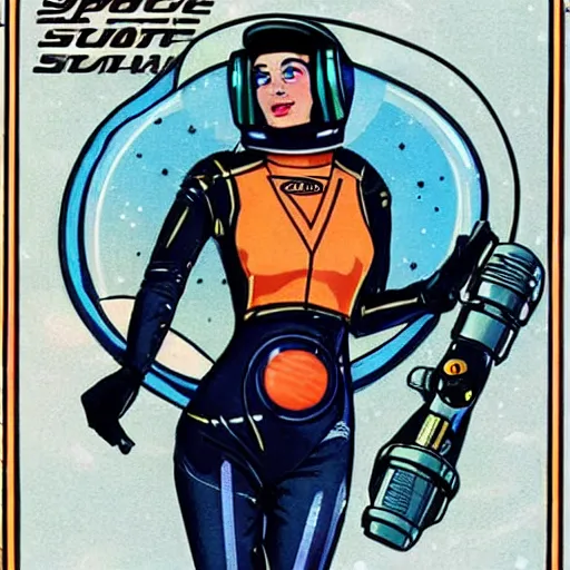 Image similar to retro sci - fi art of a beautiful woman in a retro - future spacesuit floating through space. she is holding a lazer blaster in hand.