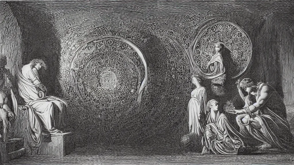 Prompt: mankinds discovery of alchemy sacred geometry engraving by gustave dore