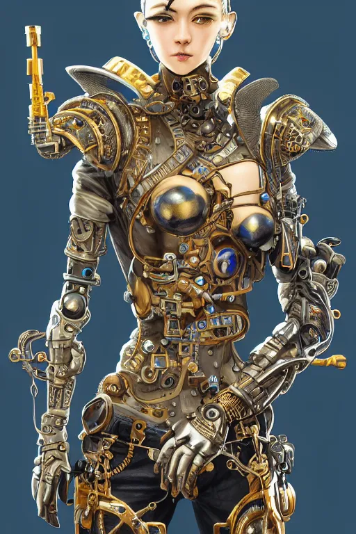 Prompt: full body Portrait of a steampunk sci-fi cyborg ninja, third person, D&D, sci-fi fantasy, intricate, blue and gold, highly detailed , art by Range Murata, highly detailed, 3d, octane render, bright colors, digital painting, trending on artstation, sharp focus, illustration style of Stanley Artgerm,