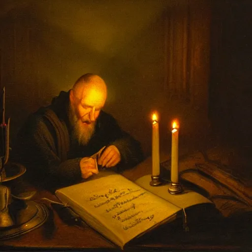 Image similar to A man sits in a dark and dingy room, the only light coming from a flickering candle, as he writes in a journal by the light of the flames, in a gothic and atmospheric style.